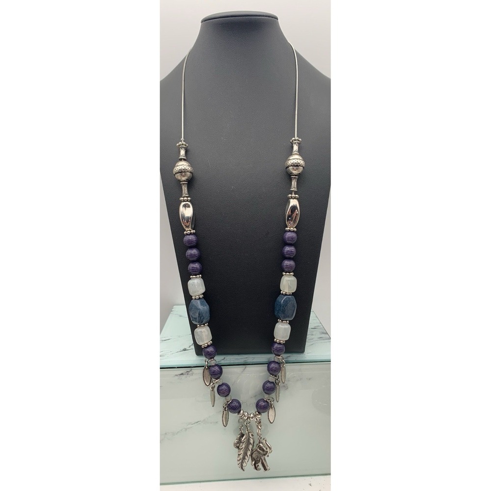 Chico's Silver Tone & Blue Beaded Elephant‎ Leaf Boho Charms Safari Necklace
